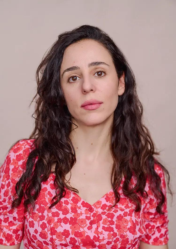 Actor Headshot of Christina Christodoulou in my Herne Hill studio with soft light and a pink backdrop.