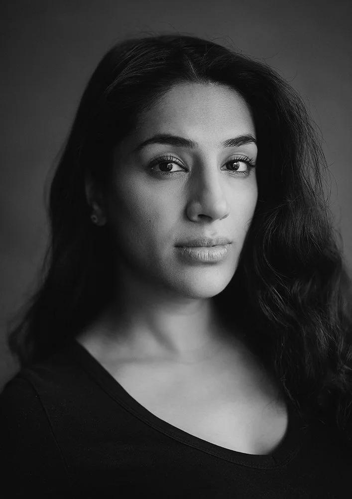 Black and white daylight portrait of actress and model Anusha in my Herne Hill studio